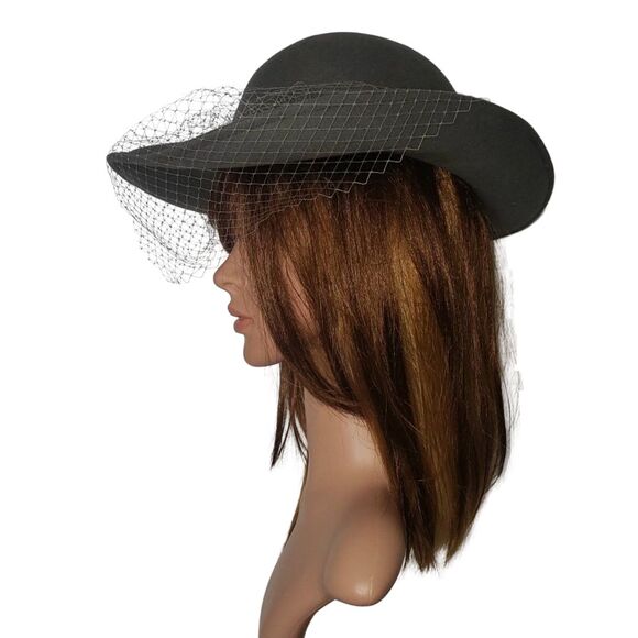 Vintage Michael Howard Hat Felt Wide Brim Feather Veil Womens Gray Wool 80s main image 6